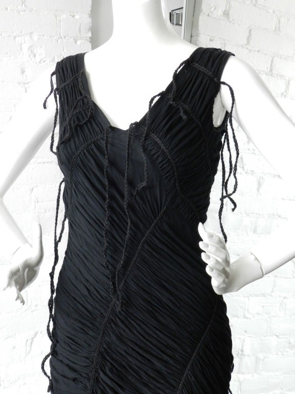 Issey Miyake Black Ruched Dress with Jute Fringe 1
