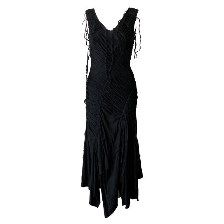 Issey Miyake Black Ruched Dress with Jute Fringe