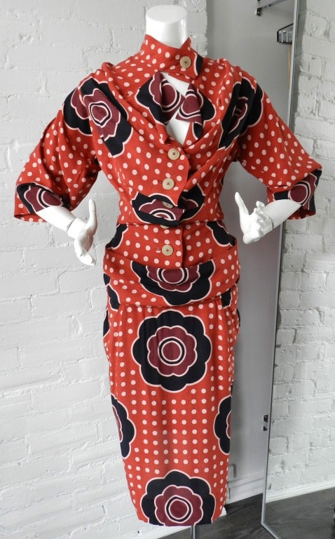 Vivienne Westwood Fall 2004 red dotted runway dress.  Marked size UK 10, USA 6, FR 38, IT 40.  100% rayon.  Waist is 30