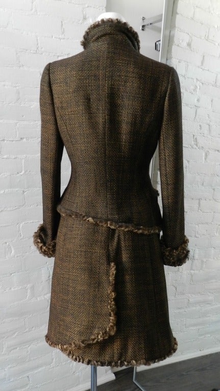 Chanel 09A Brown Suit with Curly Lamb Fur Trim In Excellent Condition In Toronto, ON