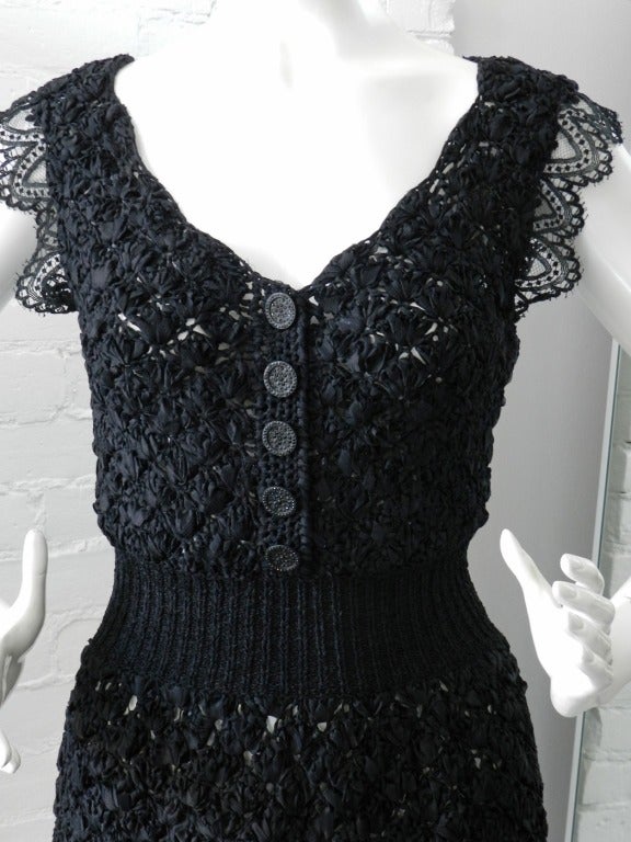 Chanel 08P Black Crochet Knit Dress with Lace In Excellent Condition In Toronto, ON