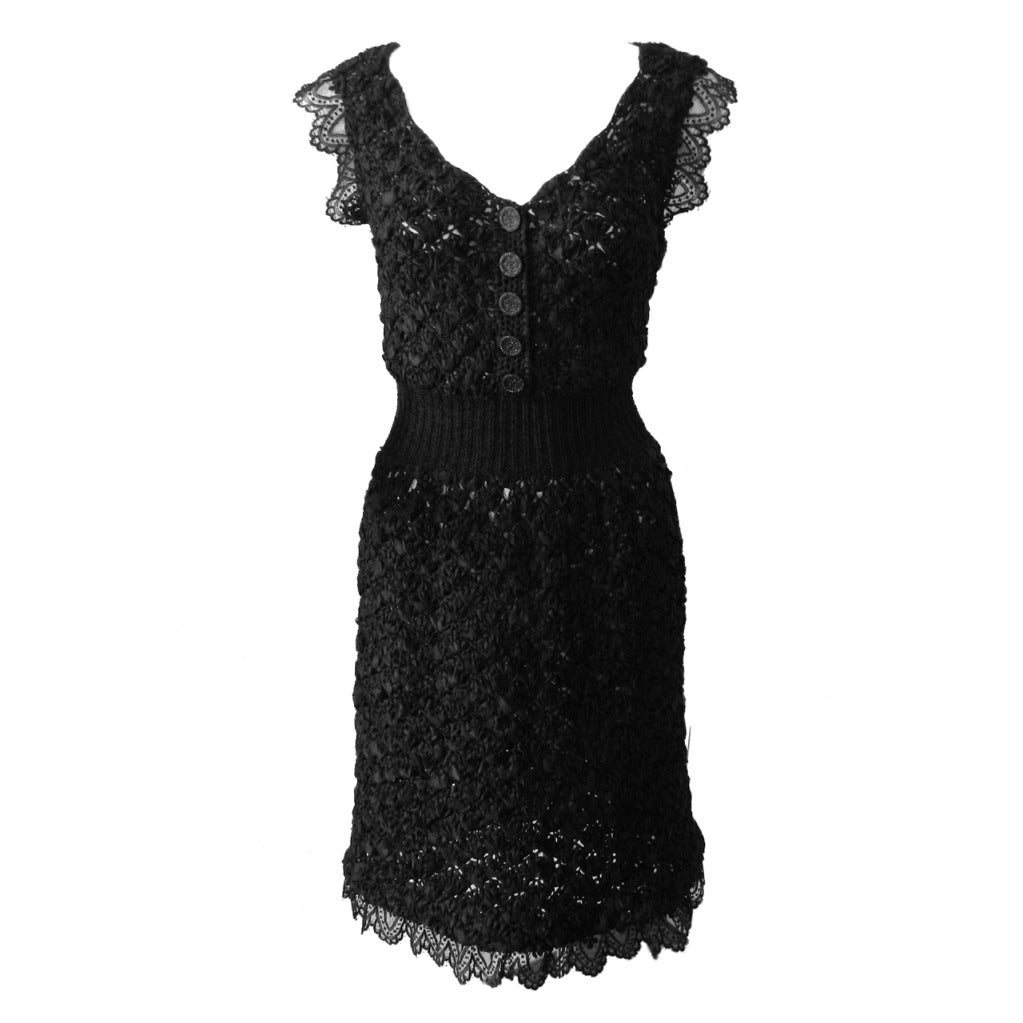 Chanel 08P Black Crochet Knit Dress with Lace