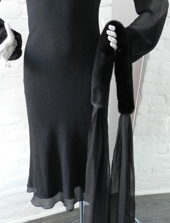 Hermes Fall 2006 Black Silk Dress with Mink Fur Shawl 3