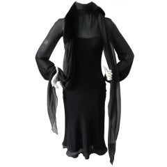 Hermes Fall 2006 Black Silk Dress with Mink Fur Shawl
