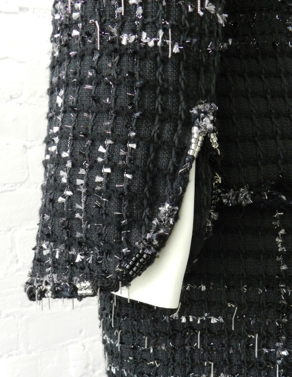 Women's Chanel 08C Black Skirt Suit with Silver Chains & Beads
