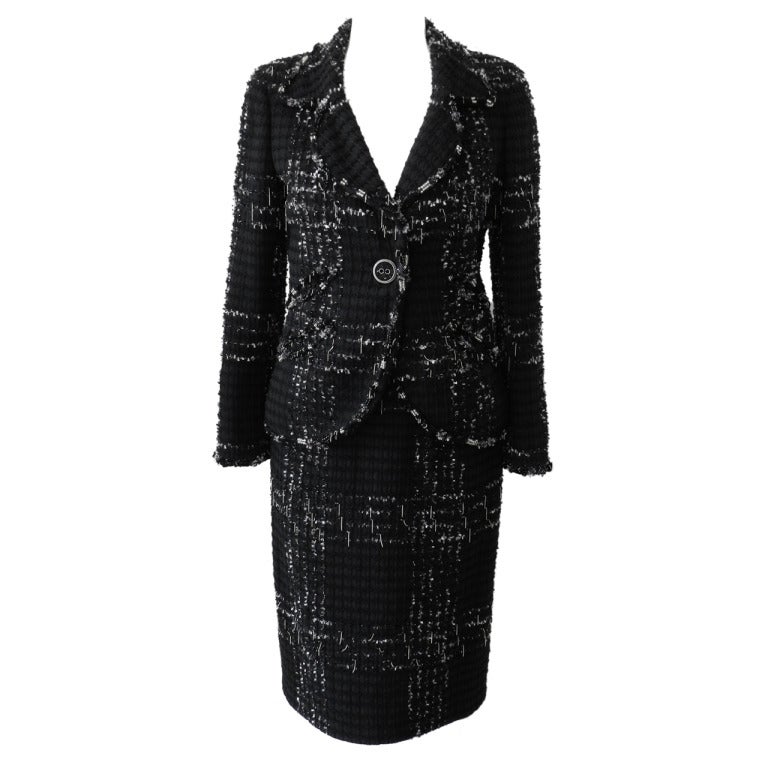 Chanel 08C Black Skirt Suit with Silver Chains and Beads at 1stdibs