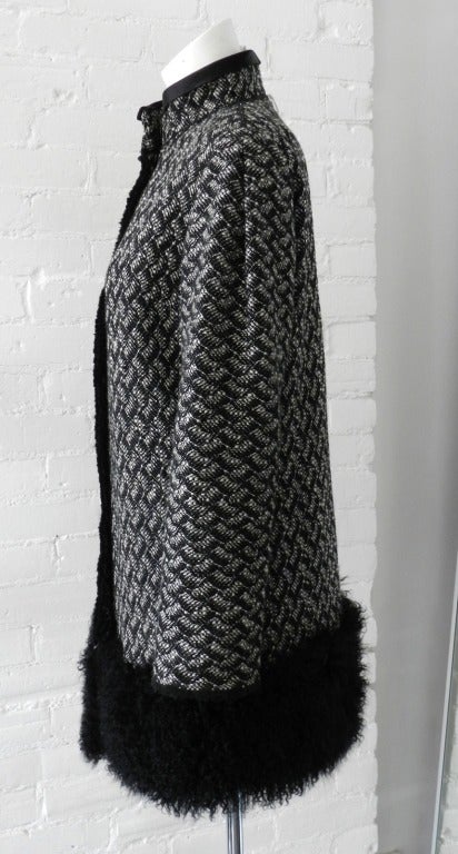 Dolce & Gabbana Black White Coat with Fur Trim