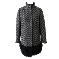 Dolce & Gabbana Black White Coat with Fur Trim