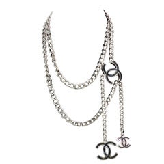 Chanel 00V Silver Chain Belt w Black Enamel CC