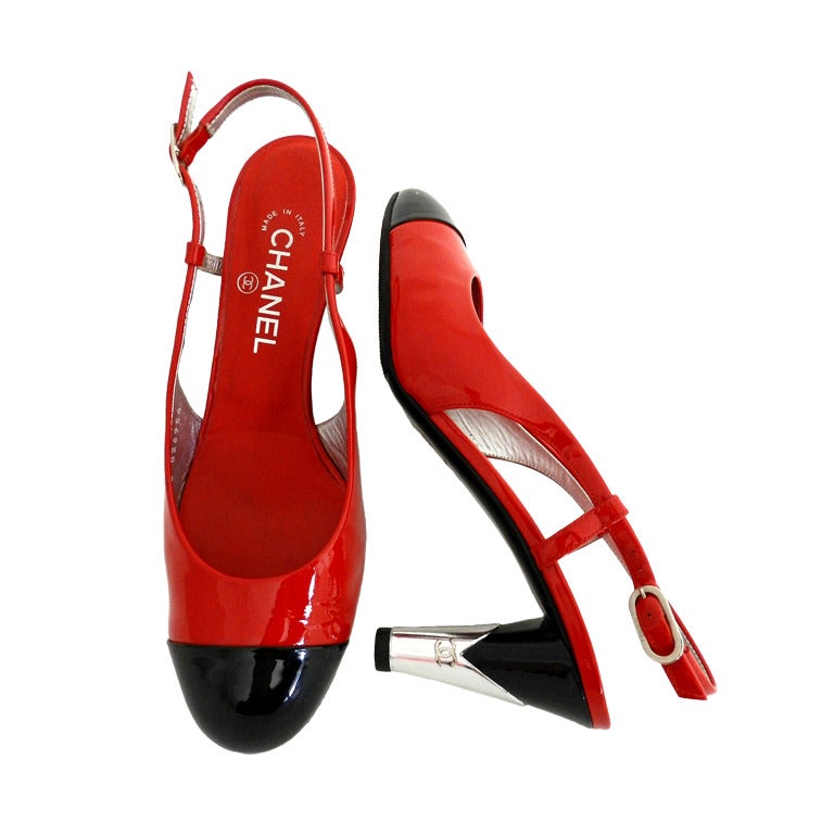 Chanel Red Patent and Silver Metal Heels