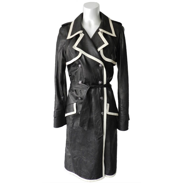 Chanel 05P Black and White Leather Trench Coat at 1stDibs