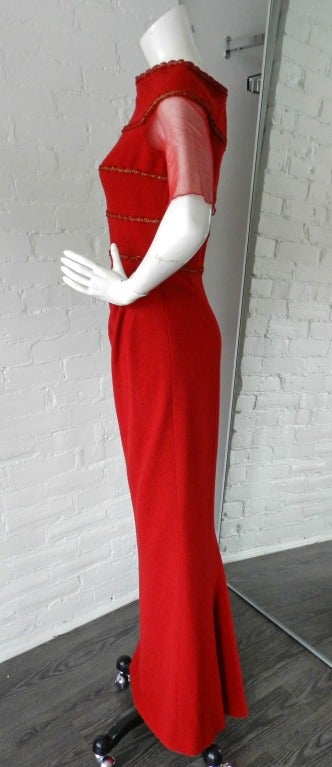 Chanel 10C Red Runway Gown with Gold Trim In Excellent Condition In Toronto, ON