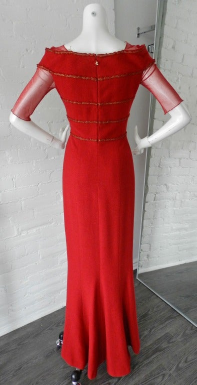 Women's Chanel 10C Red Runway Gown with Gold Trim