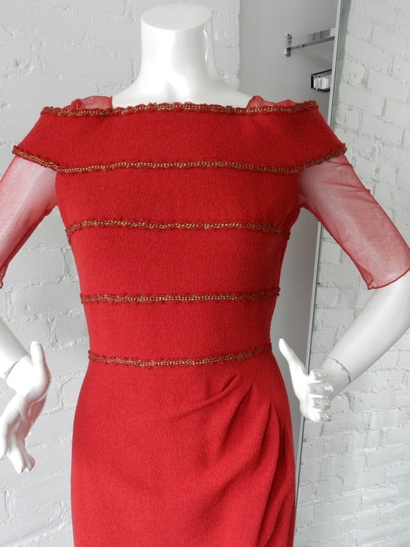 Chanel 10C Red Runway Gown with Gold Trim 1