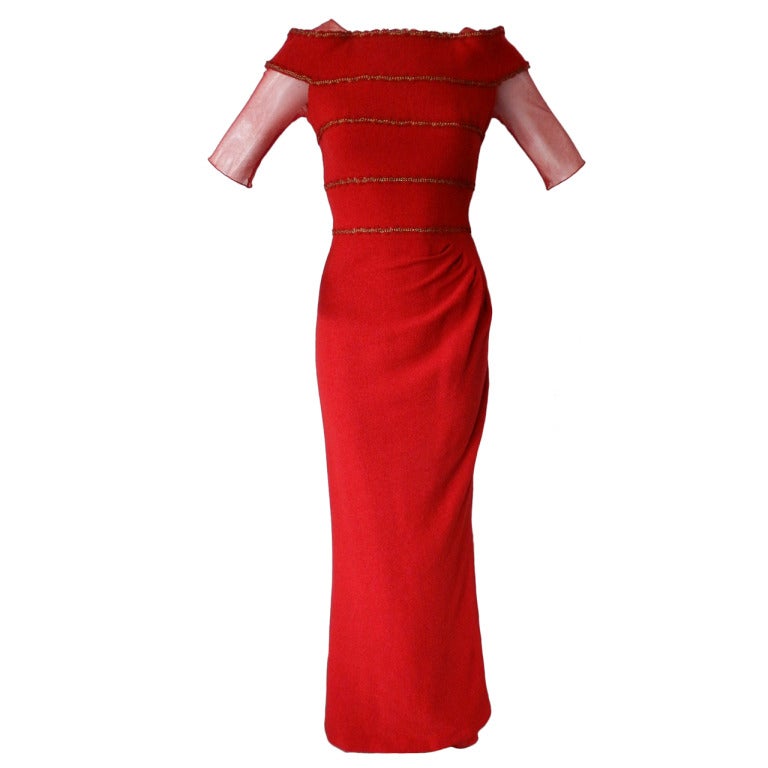 Chanel 10C Red Runway Gown with Gold Trim