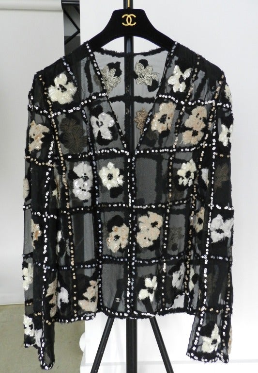 Chanel Sheer Black Jacket with Felt Flowers & Sequins