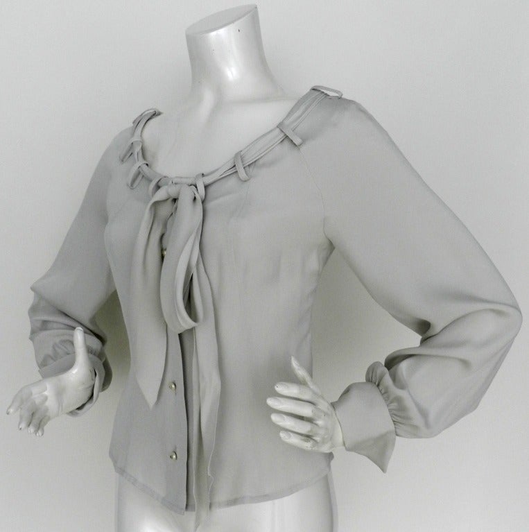 Chanel Dove Grey Silk Blouse with Pearl Buttons In Excellent Condition In Toronto, ON