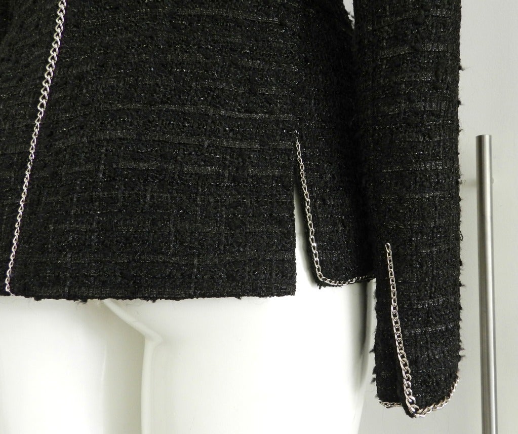 Chanel 06P Black Jacket with Silver Chain Trim In Excellent Condition In Toronto, ON
