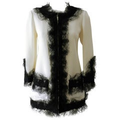 Chanel 10P Runway White Silk Jacket with Black Lace