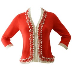 Chanel Coral Cashmere Cardigan with Roped Pearl Border