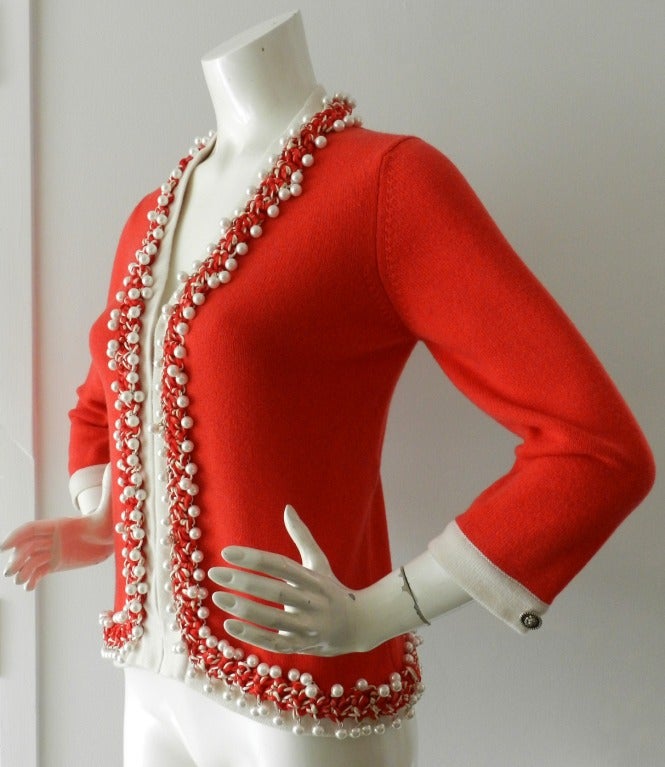 Chanel Coral Cashmere Cardigan with Roped Pearl Border In Excellent Condition In Toronto, ON