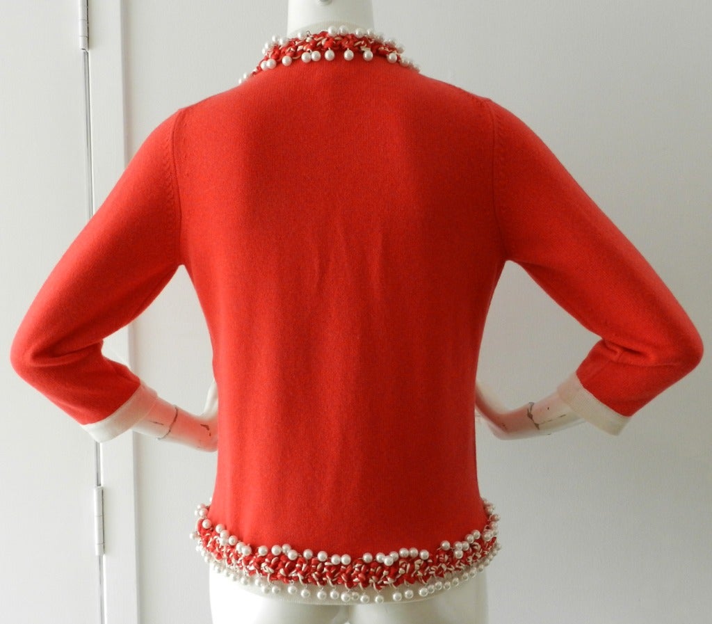 Women's Chanel Coral Cashmere Cardigan with Roped Pearl Border