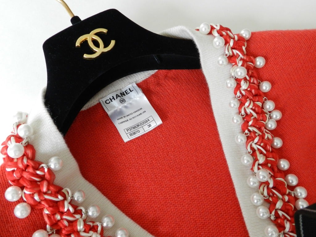 Chanel Coral Cashmere Cardigan with Roped Pearl Border 1
