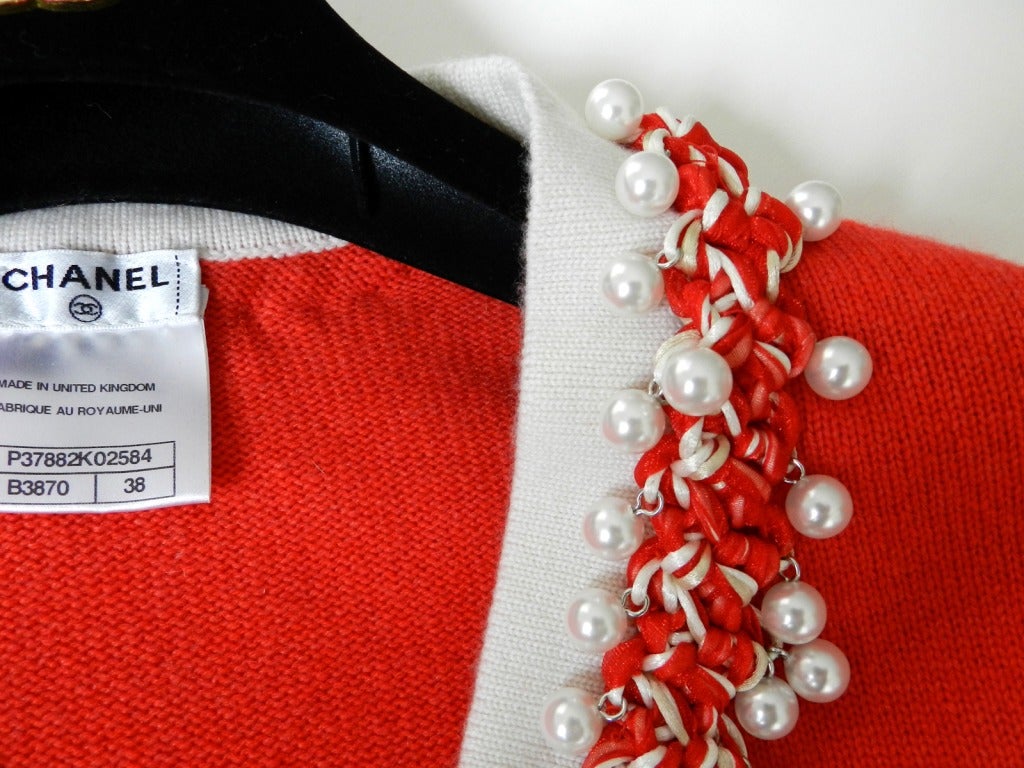 Chanel Coral Cashmere Cardigan with Roped Pearl Border 3