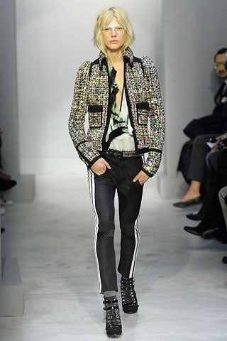 Balenciaga fall 2007 pastel tweed runway jacket. Black wool borders, quilt lining, snap closure. Tagged size 42FR (but Balenciaga runs small and this is about a size USA 4). Not recommended for broad shoulders as shoulder measurement is very small