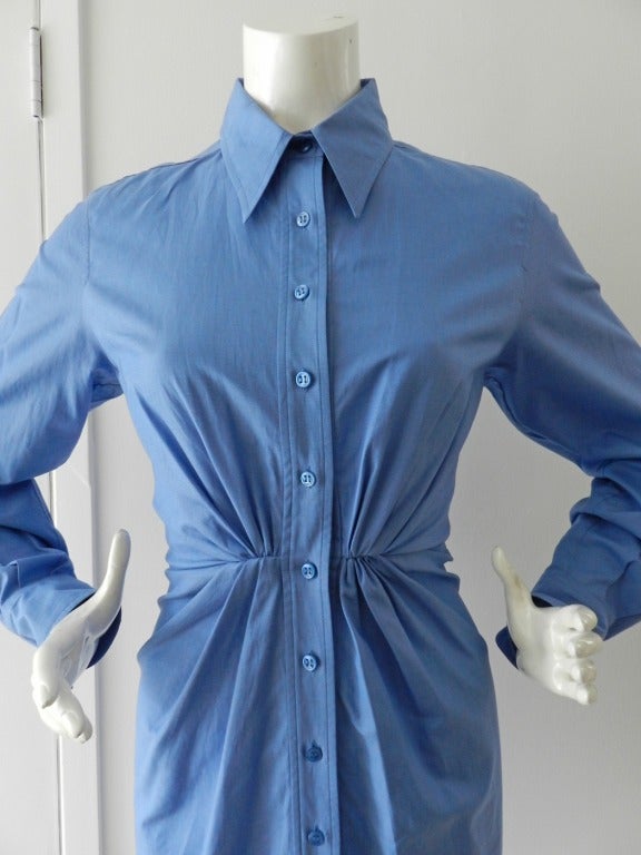 YSL Yves Saint Laurent Blue Shirt Dress In Excellent Condition In Toronto, ON