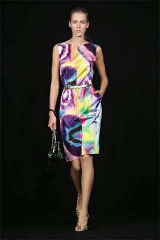 Dolce & Gabbana Spring/Summer 2008 collection tie dye rainbow satin dress.  Bright watercolor design with centre back zipper, and thin gold leather belt. Excellent condition.  100% silk satin. Tagged IT size 40 (USA 6). To fit 35