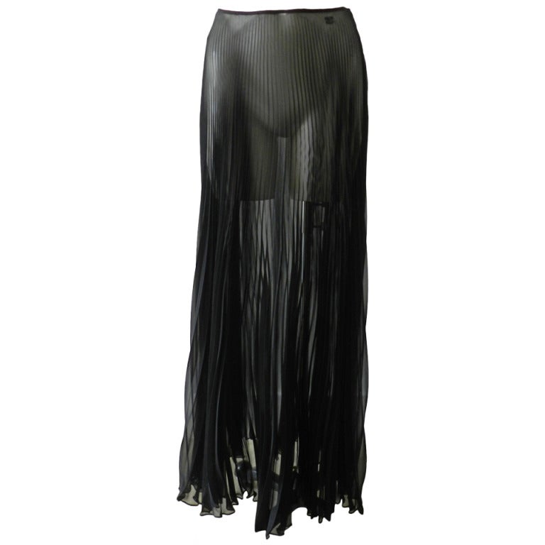 Chanel 02C Sheer Black Pleated Long Skirt