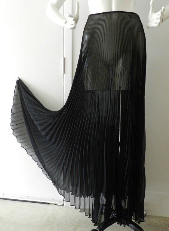 Chanel 02C Sheer Black Pleated Long Skirt In Excellent Condition In Toronto, ON
