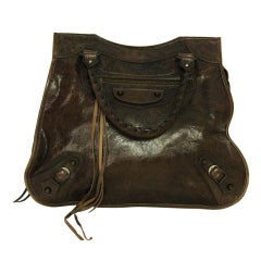 BALENCIAGA Distressed Brown Leather "Mid-Afternoon" Tote With Ta