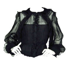 CHANEL Black Sheer Silk Longsleeve Blouse