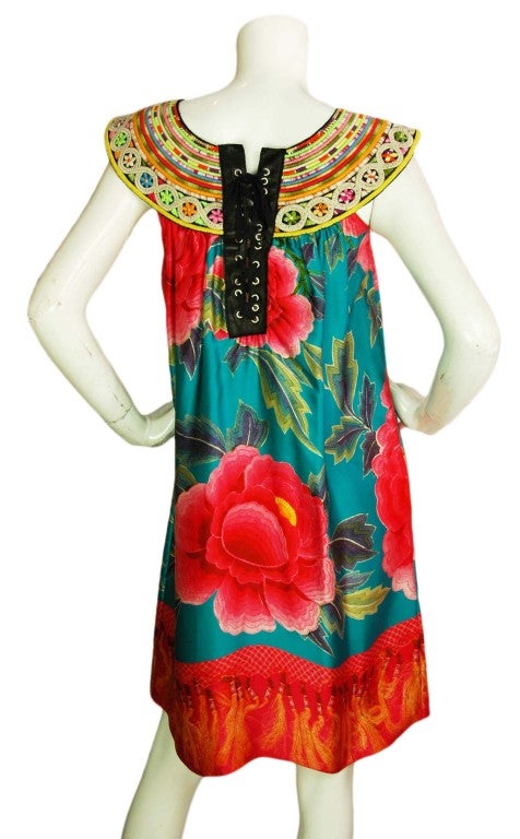 JEAN PAUL GAULTIER Multi-Color Floral Dress with Leather Lace-Up at 1stdibs