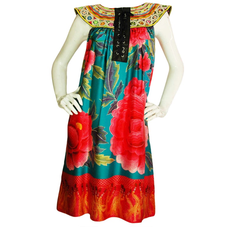 JEAN PAUL GAULTIER Multi-Color Floral Dress with Leather Lace-Up at 1stdibs