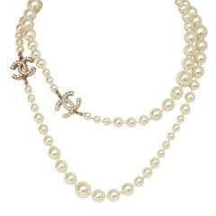 CHANEL Long Faux Pearl Necklace With Miniature Faux Pearl CC Cha