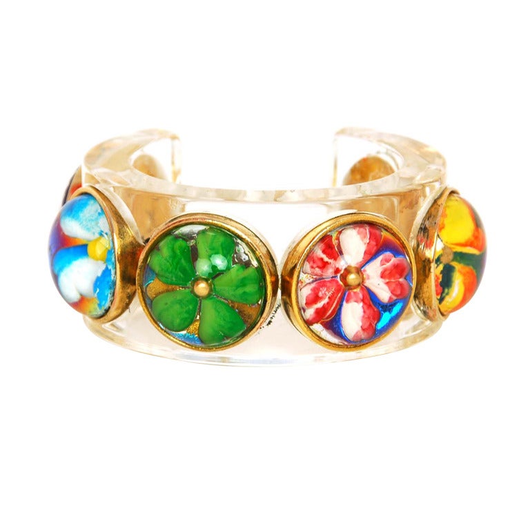 Chanel Vintage 1988 Resin Cuff Bracelet With Flower Bubble Accents
