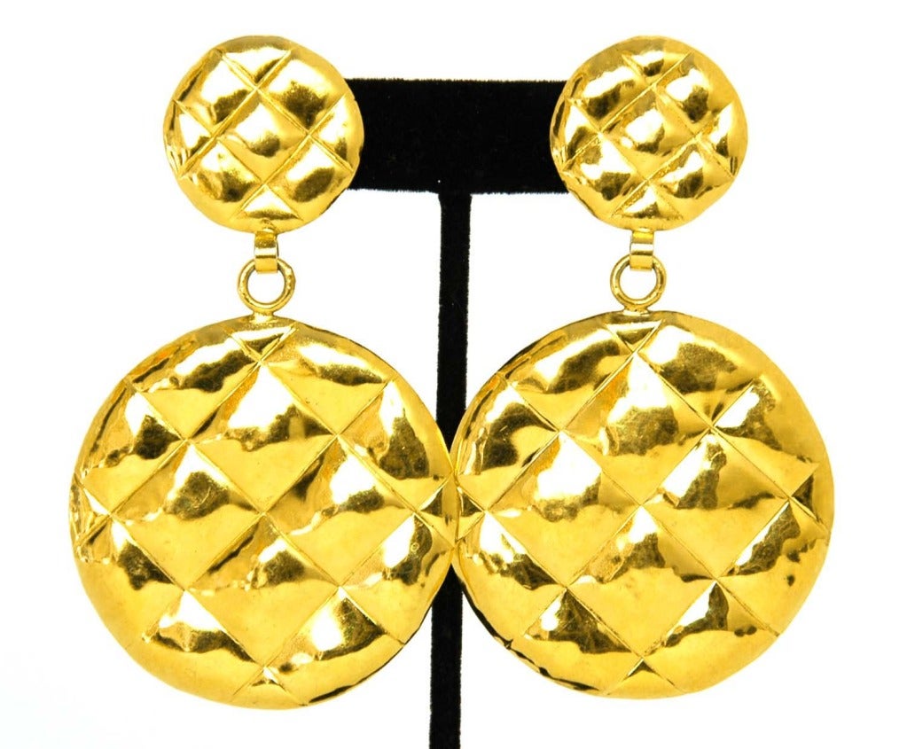 CHANEL Goldtone Quilted Pattern Clip On Hanging Earrings at 1stdibs