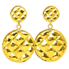 CHANEL Goldtone Quilted Pattern Clip On Hanging Earrings
