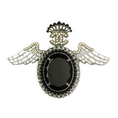 CHANEL Black/Silver Oval Pin With Wings And Crown