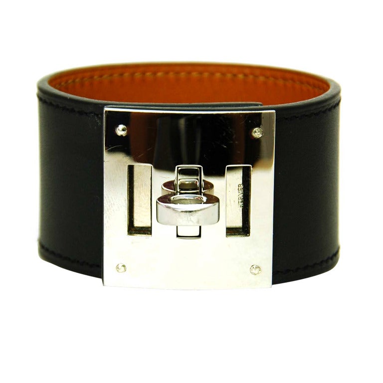 HERMES Black Leather Kelly Dog Bracelet PHW