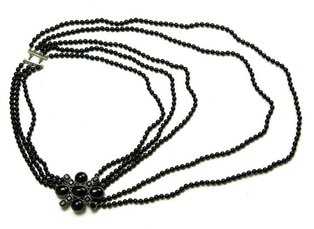 CHANEL 2005 Black Multi-Strand Jet Bead Necklace With Flower Pendant In Excellent Condition In New York, NY