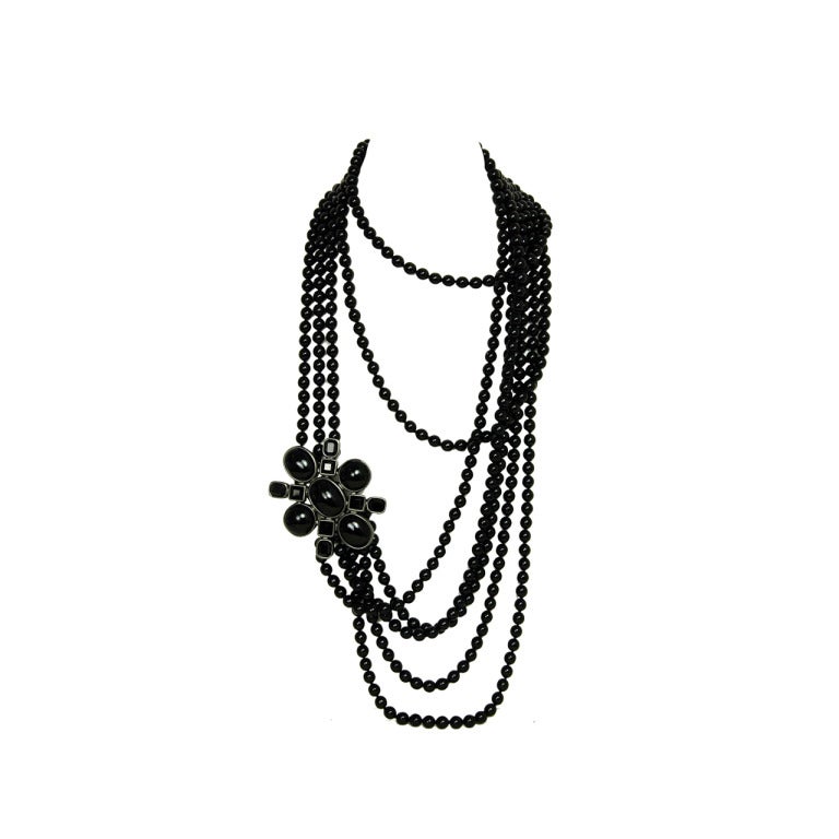 CHANEL 2005 Black Multi-Strand Jet Bead Necklace With Flower Pendant at ...