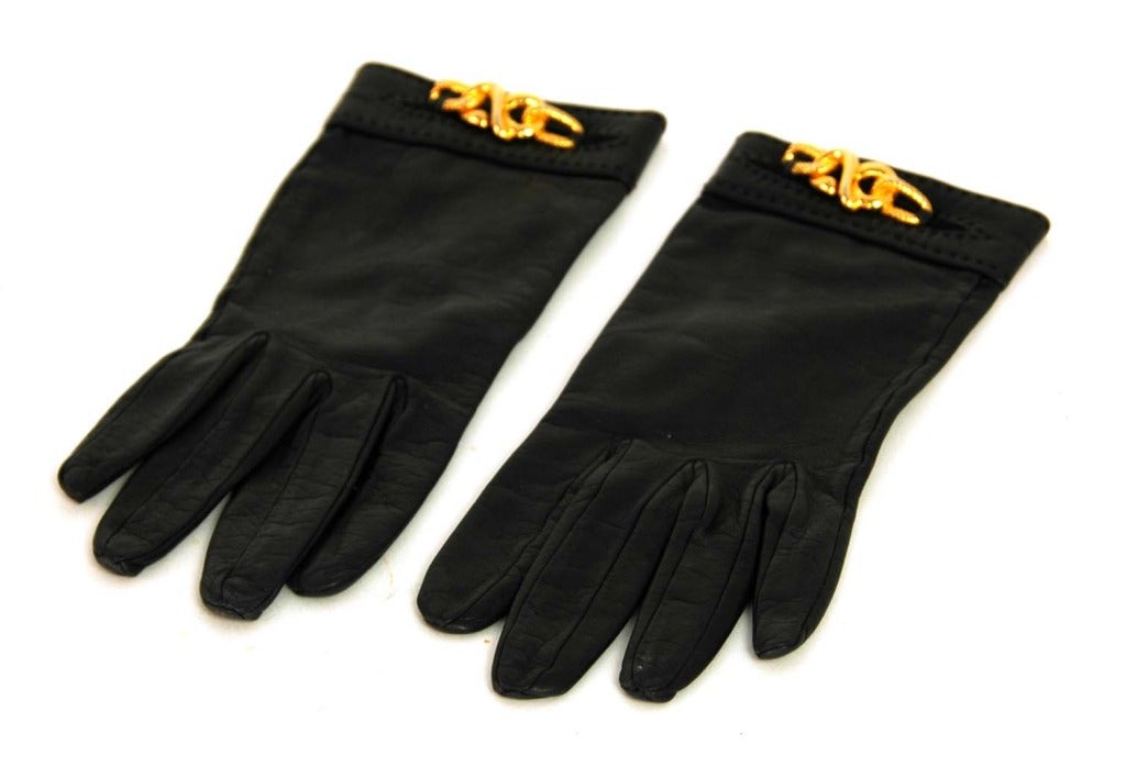 HERMES Black Leather Gloves With Gold Chain Detail