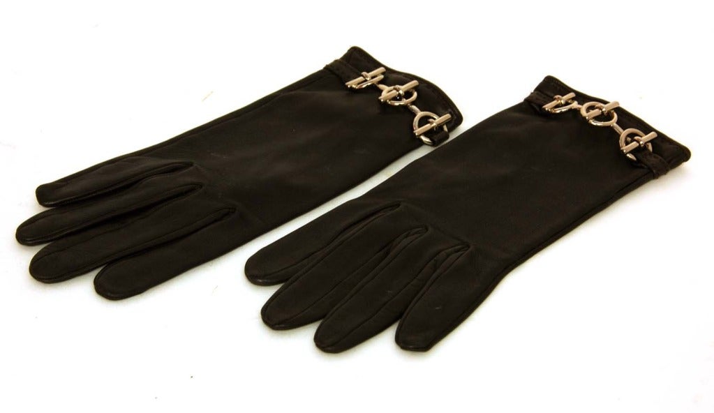 Black HERMES Brown Leather Gloves With Silver Toggle Detail