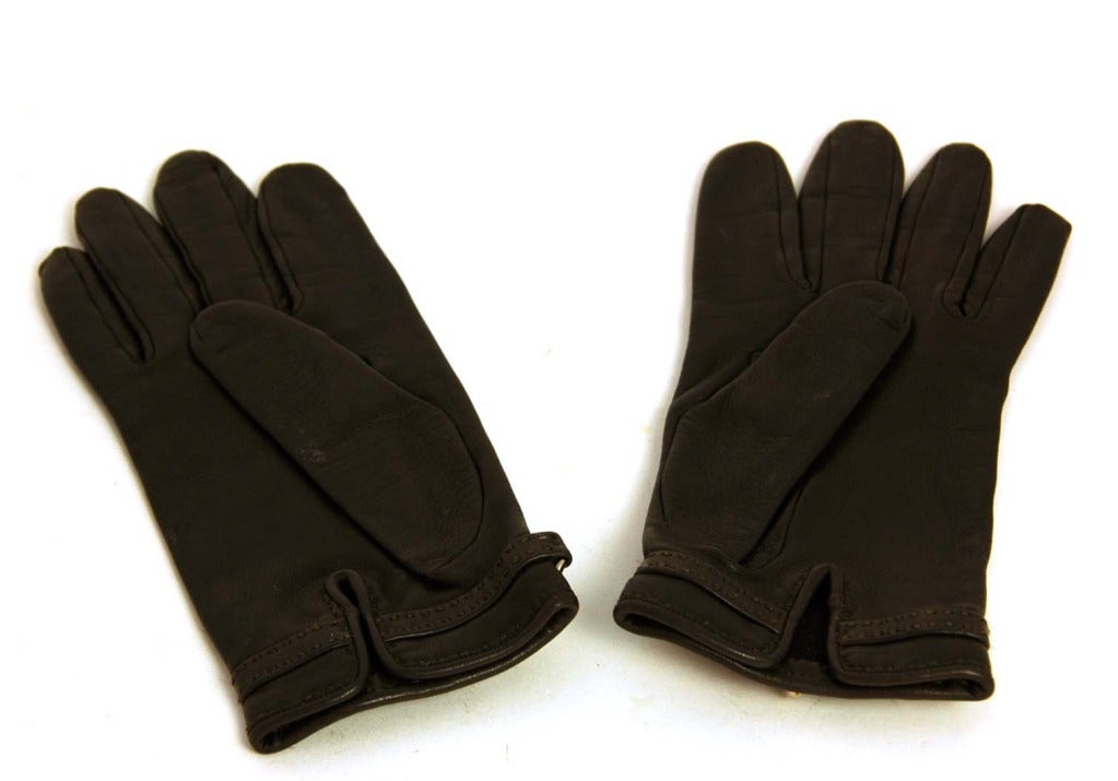Women's HERMES Brown Leather Gloves With Silver Toggle Detail