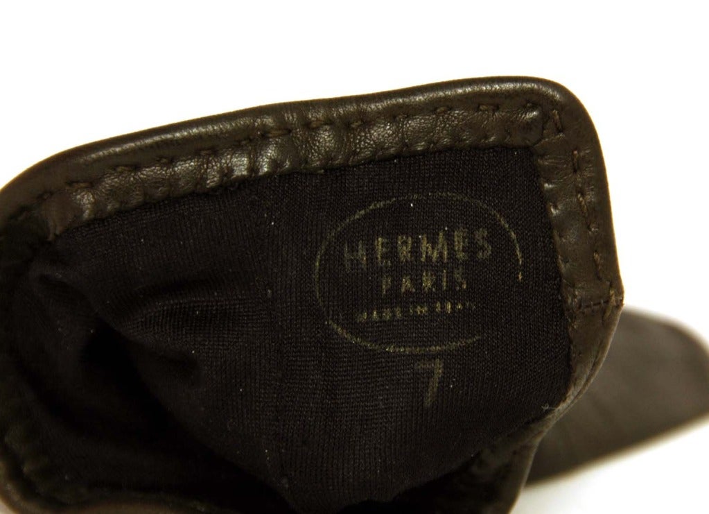 HERMES Brown Leather Gloves With Silver Toggle Detail 1
