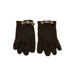 HERMES Brown Leather Gloves With Silver Toggle Detail